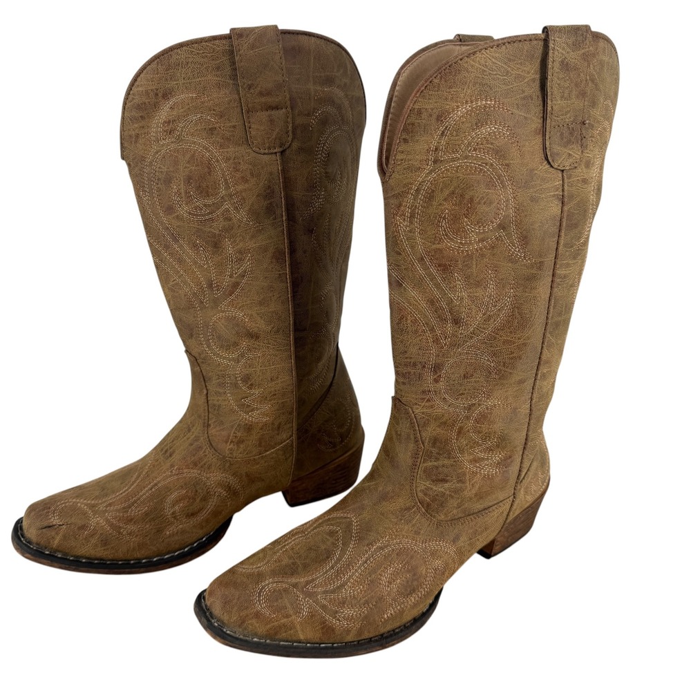 Roper Western Cowboy Boots Tan Vegan Faux Leather Womens 8 Pointy Toe